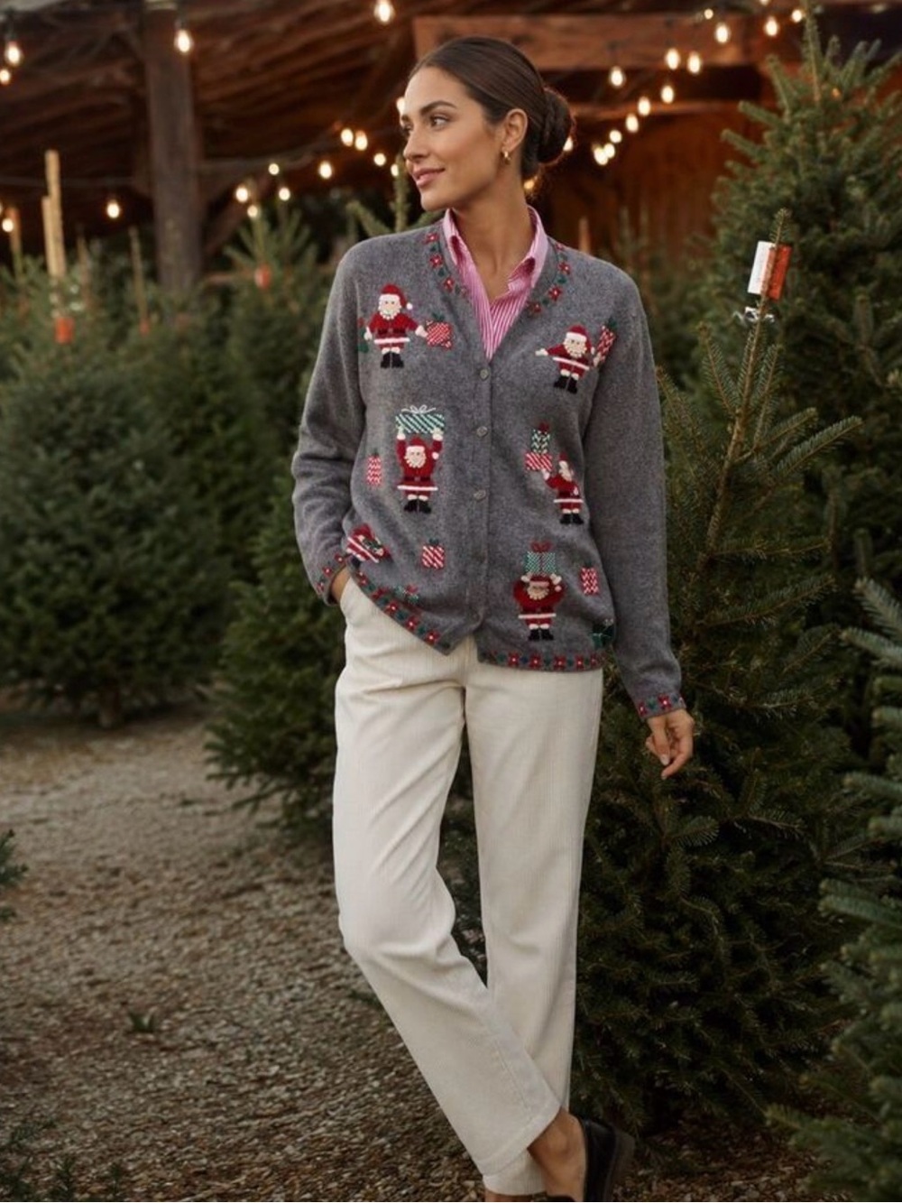Vintage Talbots Grey Christmas Santa Claus Cardigan 100% Lambswool